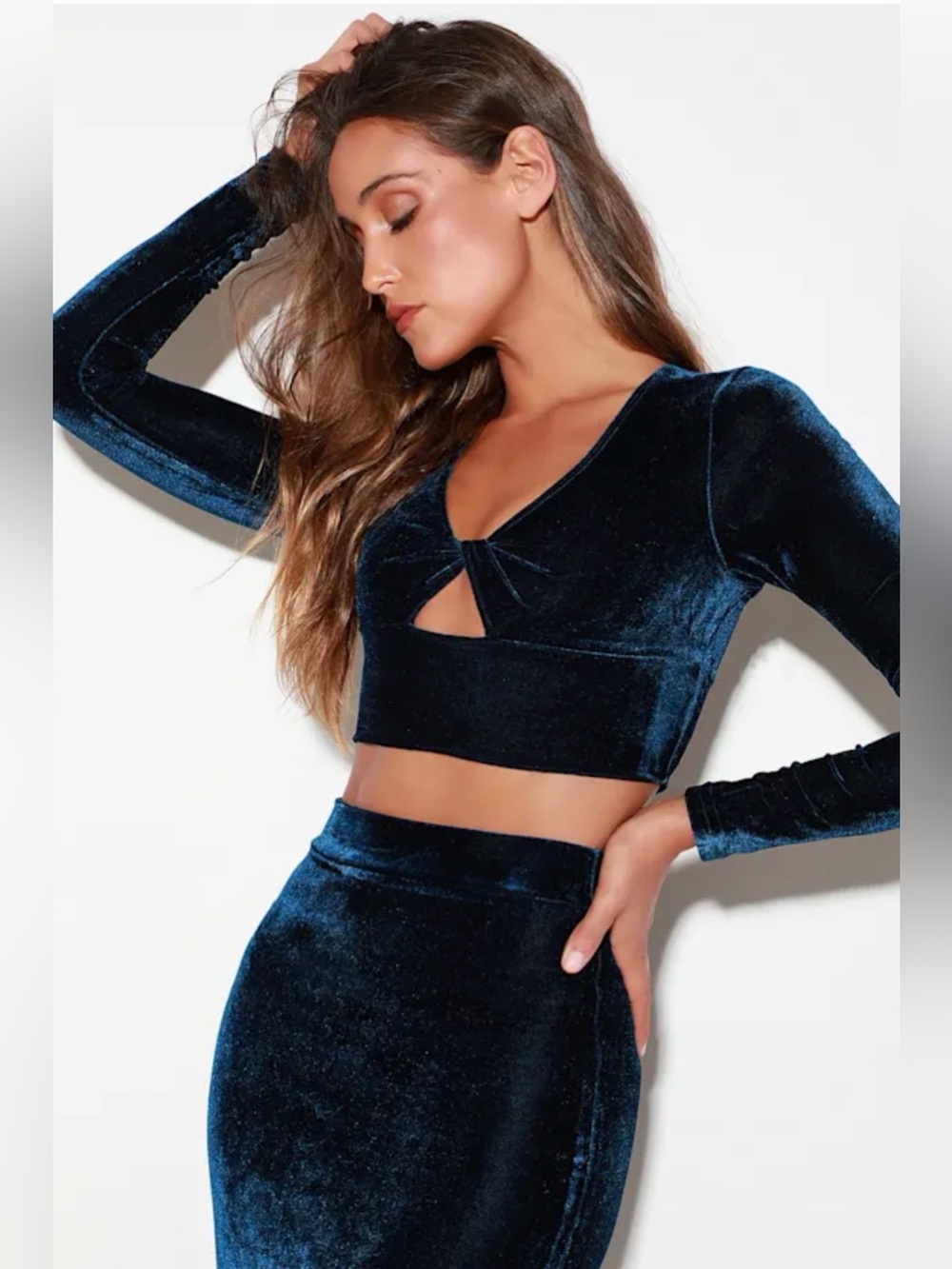 lulus my all navy blue velvet two-piece crop top & midi skirt set